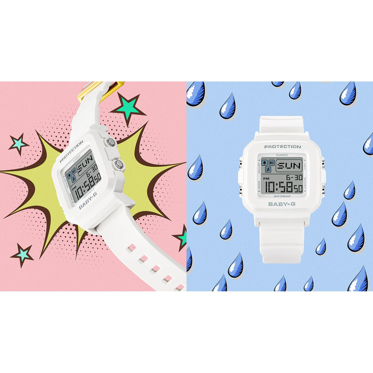 White resin digital watch with LCD display; white strap with multi-color accent bands
