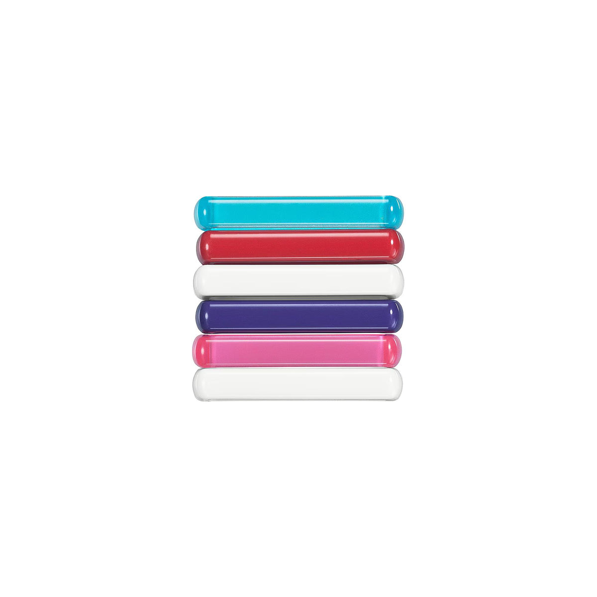 Stack of colorful replacement resin bands in blue, red, white, navy, and pink