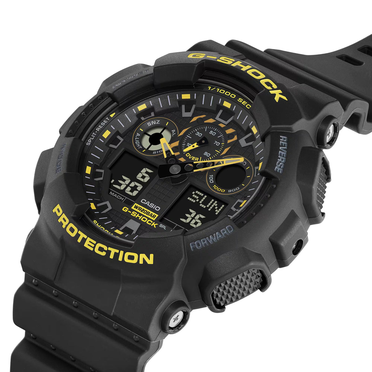 Black G-Shock digital watch with side buttons and black resin strap, yellow details.