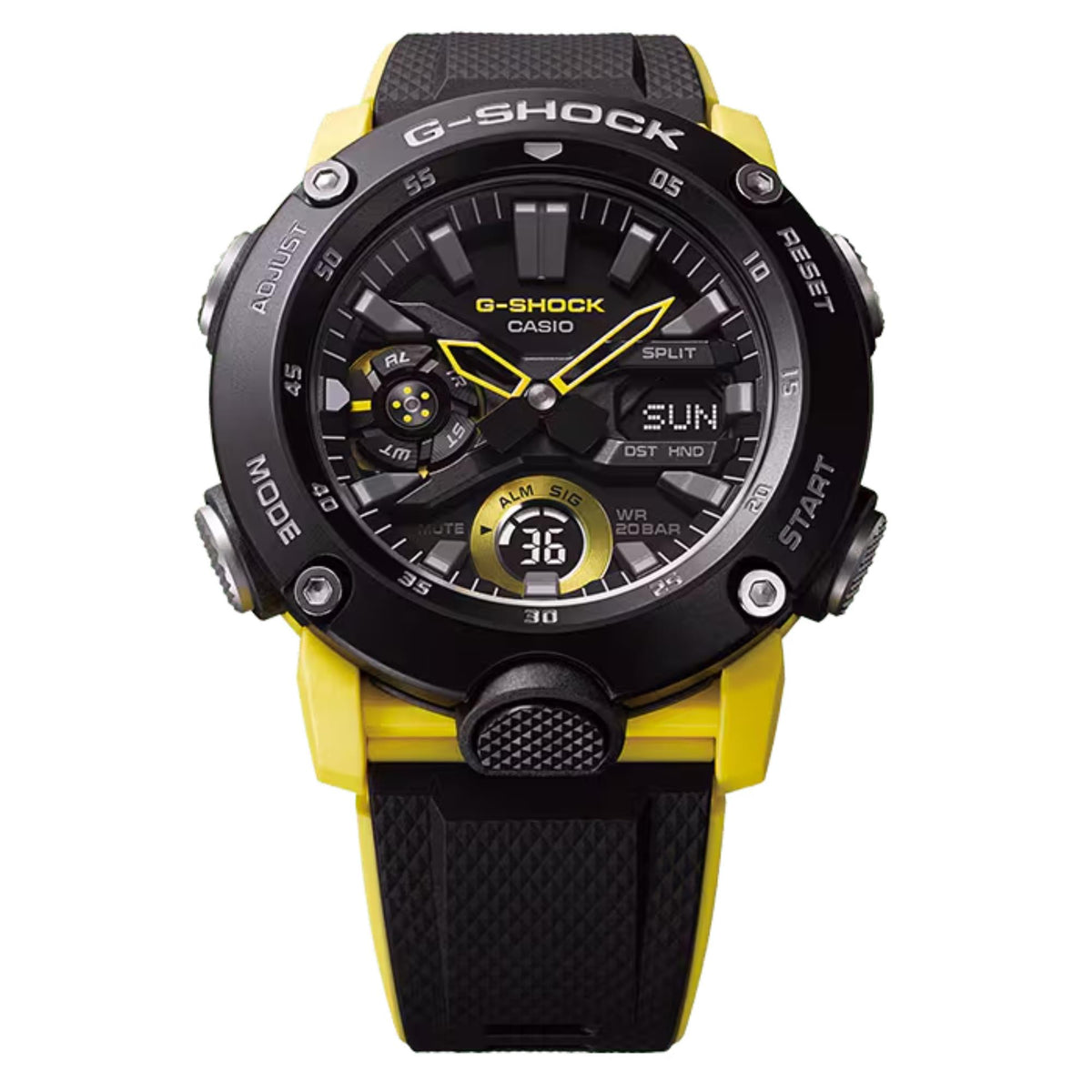 Close-up of Casio G-Shock Carbon Core Guard GA-2000-1A9ER watch face with black dial and yellow accents