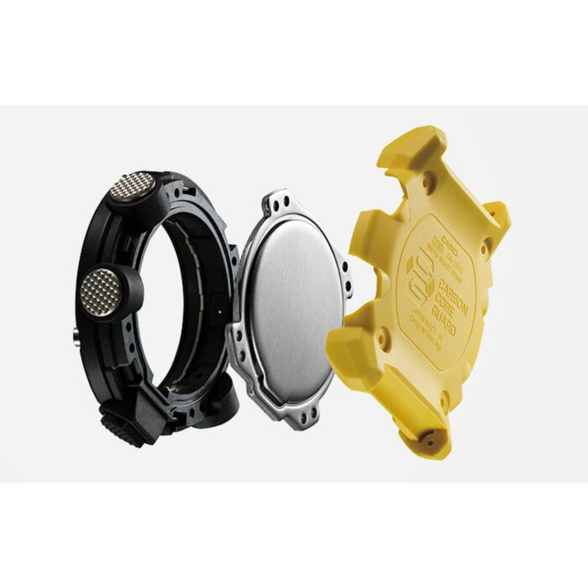 Disassembled case layers and backplate of Casio G-Shock Carbon Core Guard GA-2000-1A9ER