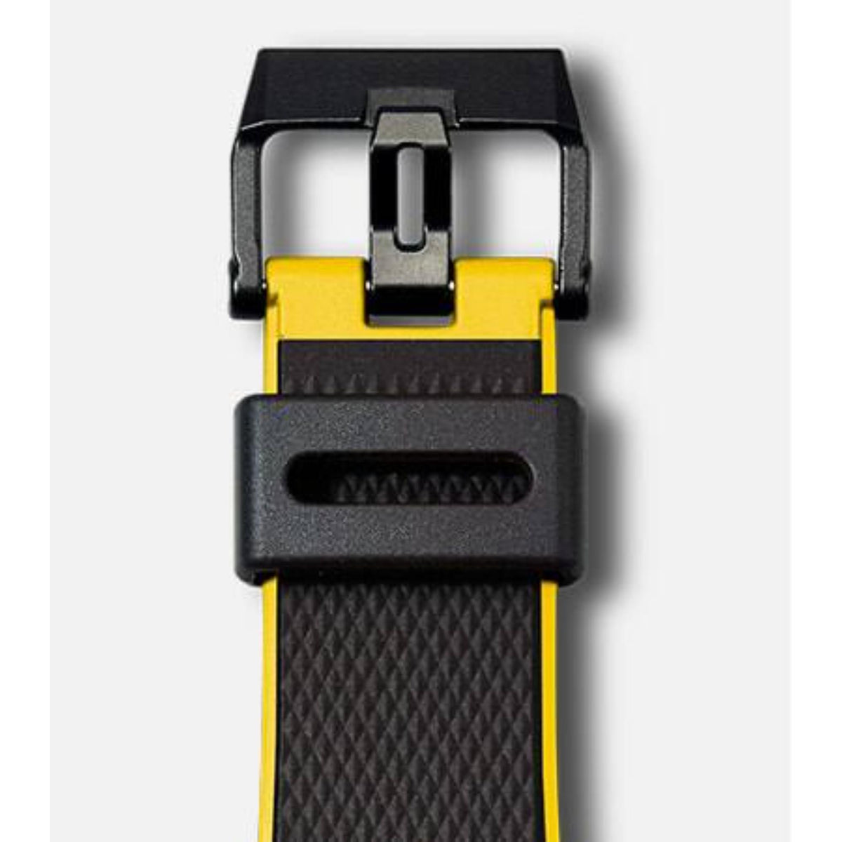 Detail shot of the black buckle and yellow resin band on Casio G-Shock Carbon Core Guard GA-2000-1A9ER
