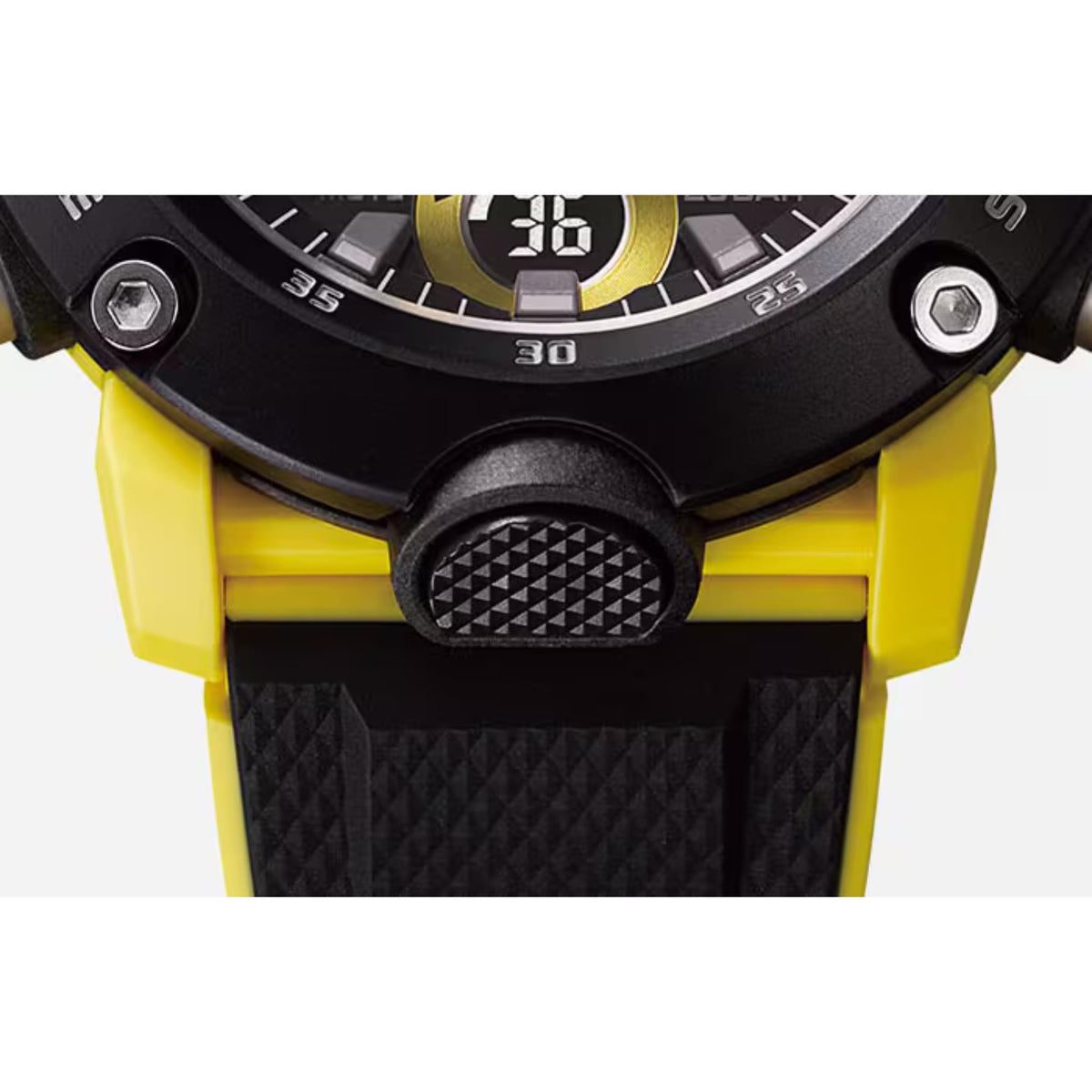 Close-up view of the lower bezel and front light button on Casio G-Shock Carbon Core Guard GA-2000-1A9ER