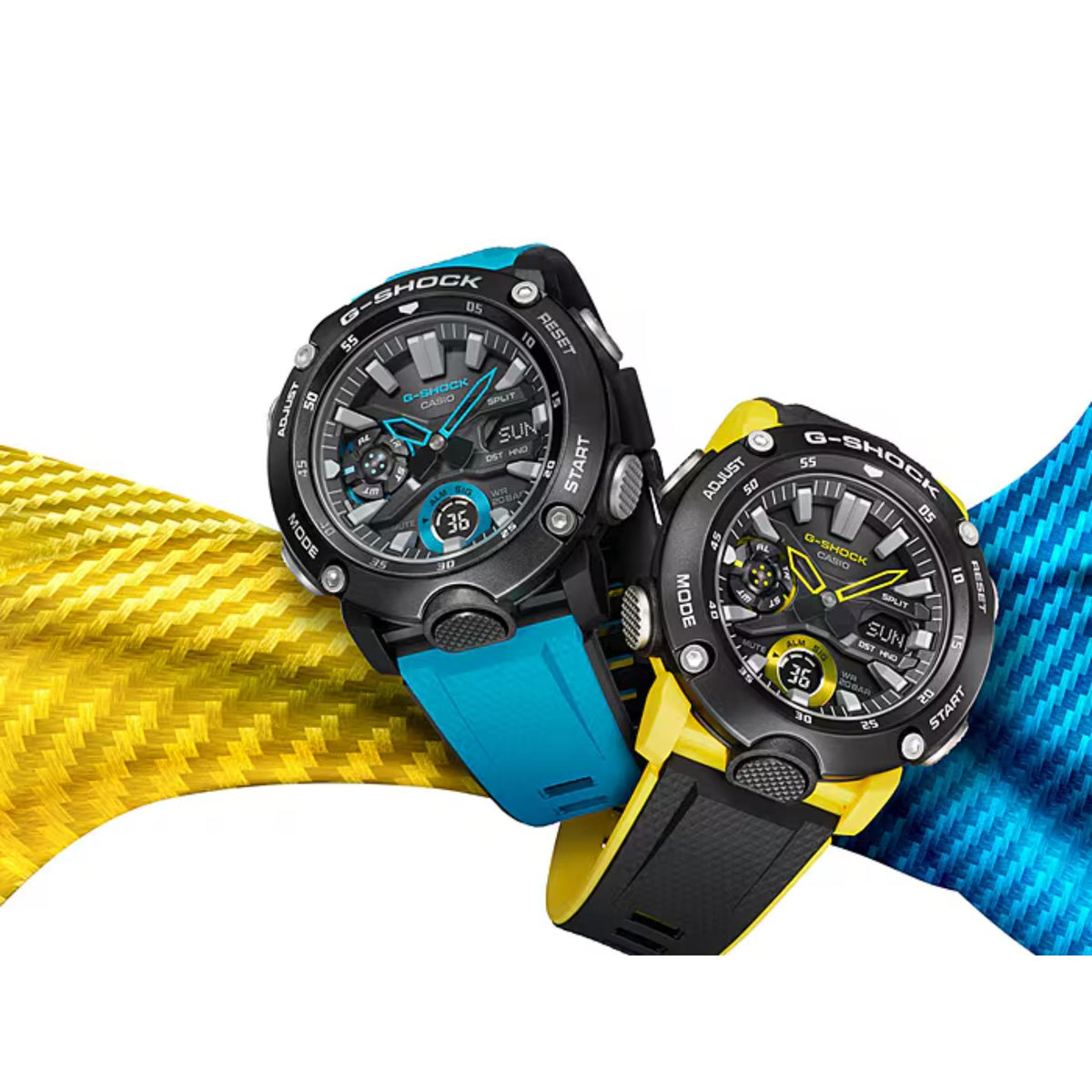 Casio G-Shock Carbon Core Guard GA-2000-1A9ER yellow strap watch alongside the blue edition model