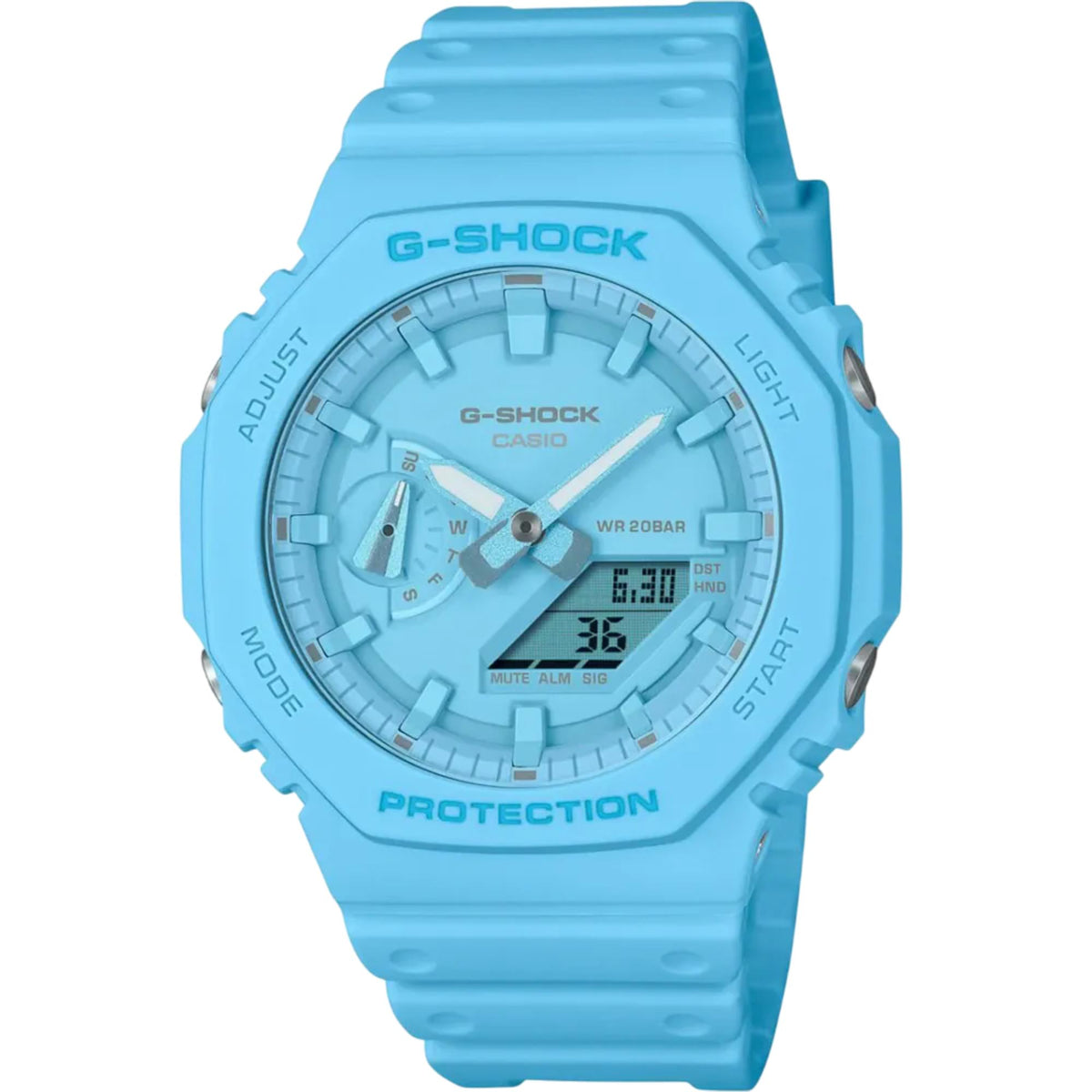 Blue Casio G-Shock digital watch with resin strap and round multi-dial face, GA-2100-2A2ER