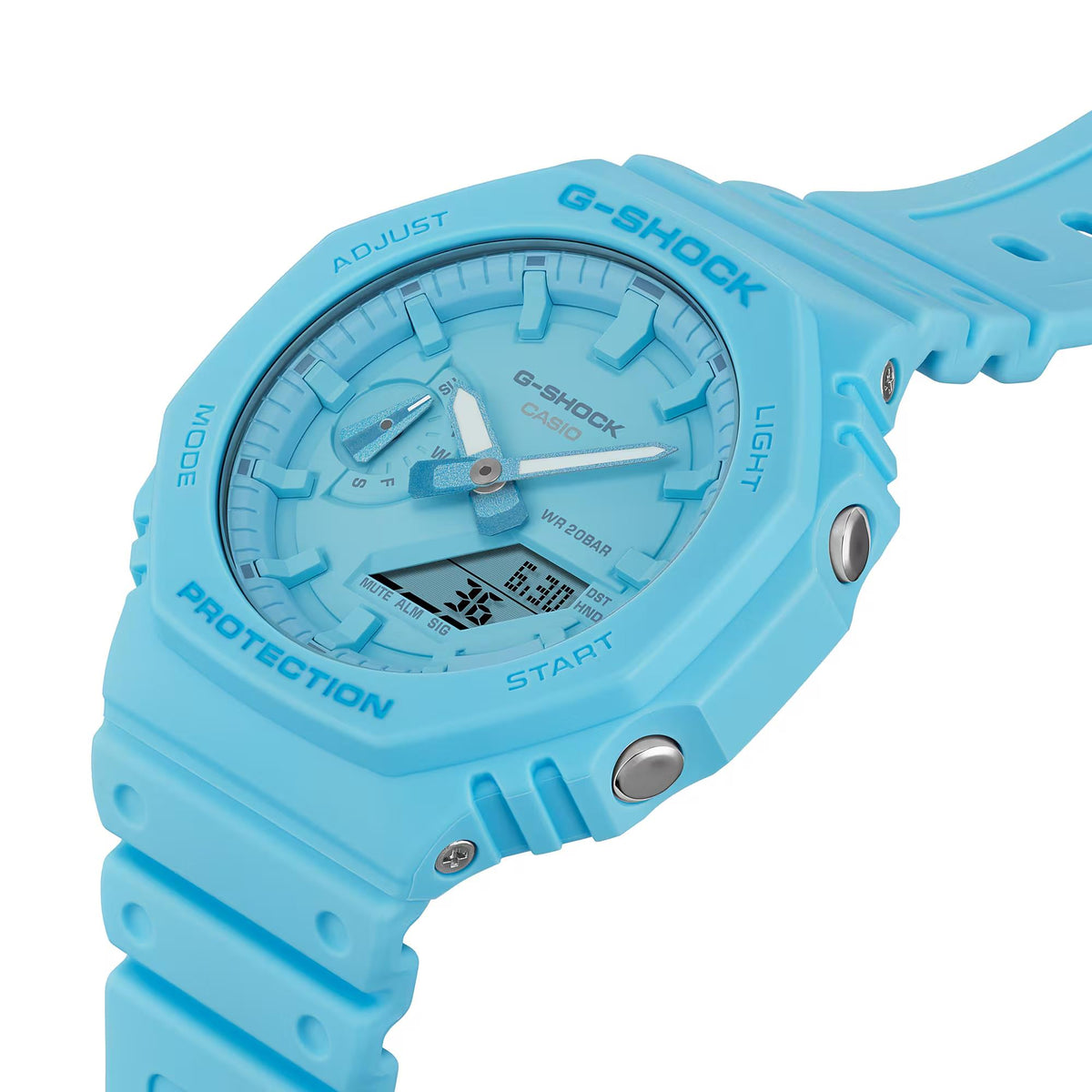 Blue Casio G-Shock digital watch close-up with multi-dial face and START/PROTECTION branding