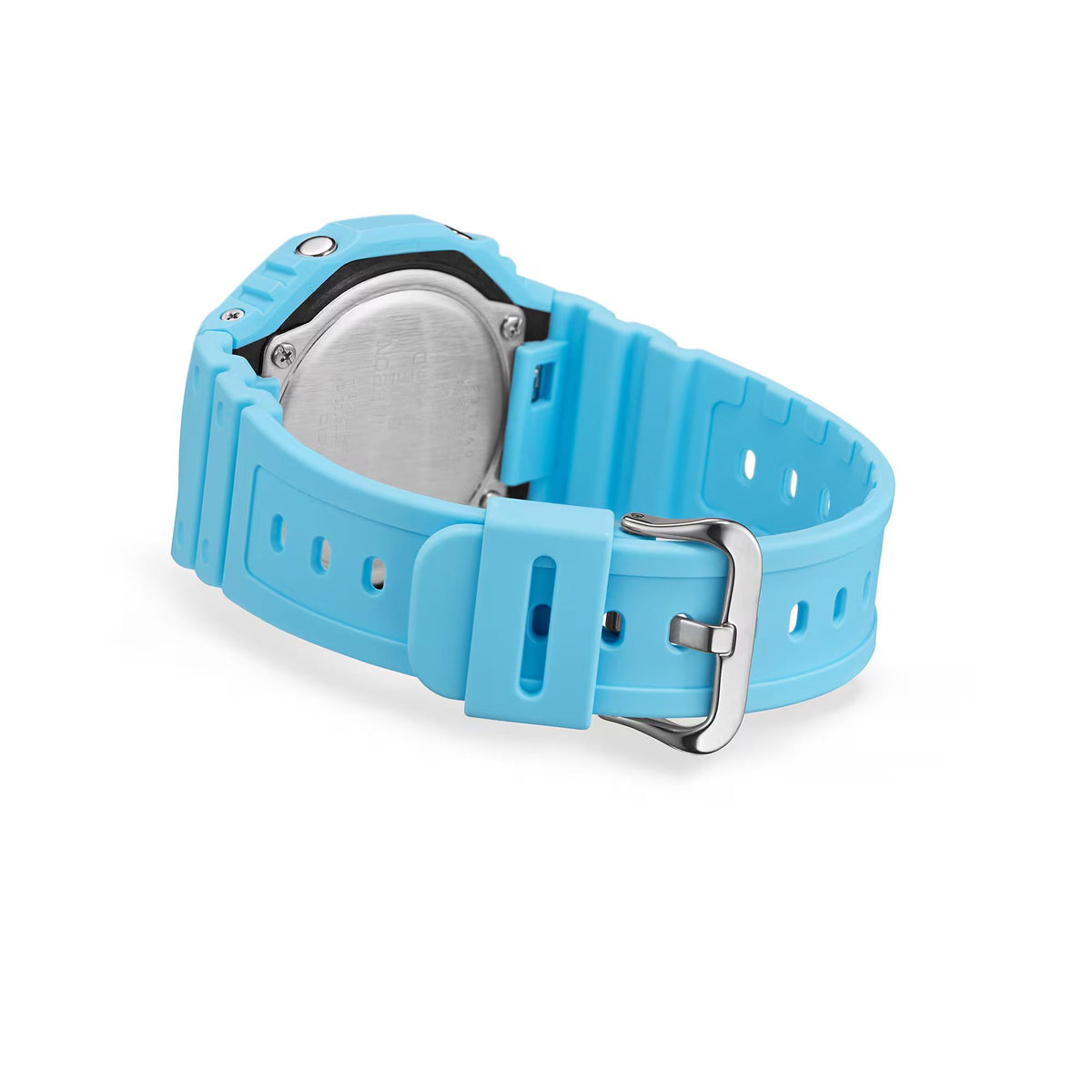 Blue Casio G-Shock watch with buckle clasp on resin strap, side view