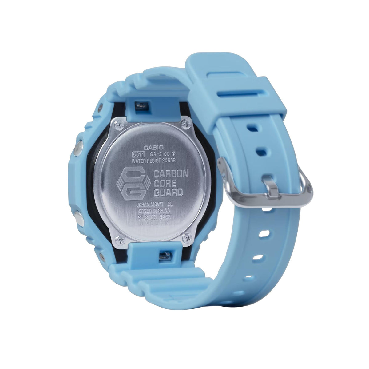 Blue Casio G-Shock watch case back view with CARBON CORE GUARD text and strap