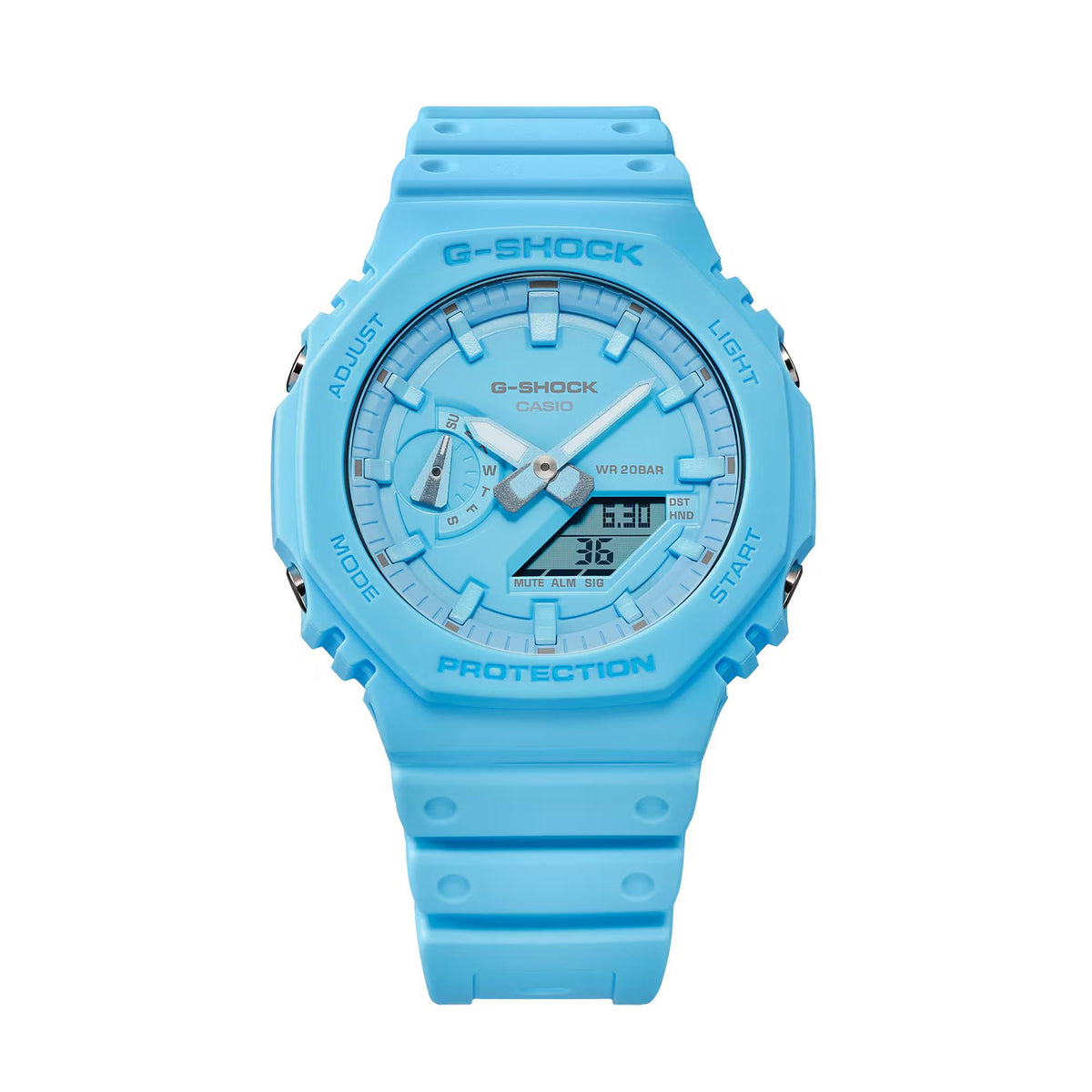 Blue Casio G-Shock digital watch front view with resin strap and multi-dial display