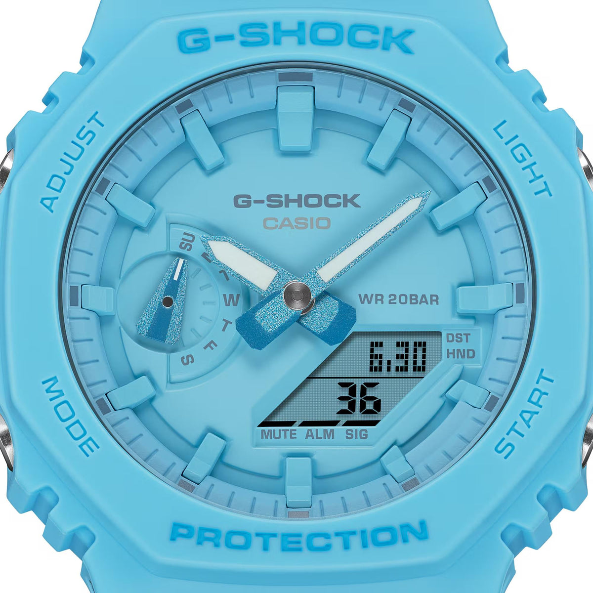 Close-up of blue Casio G-Shock digital watch face with digital display and PROTECTION text