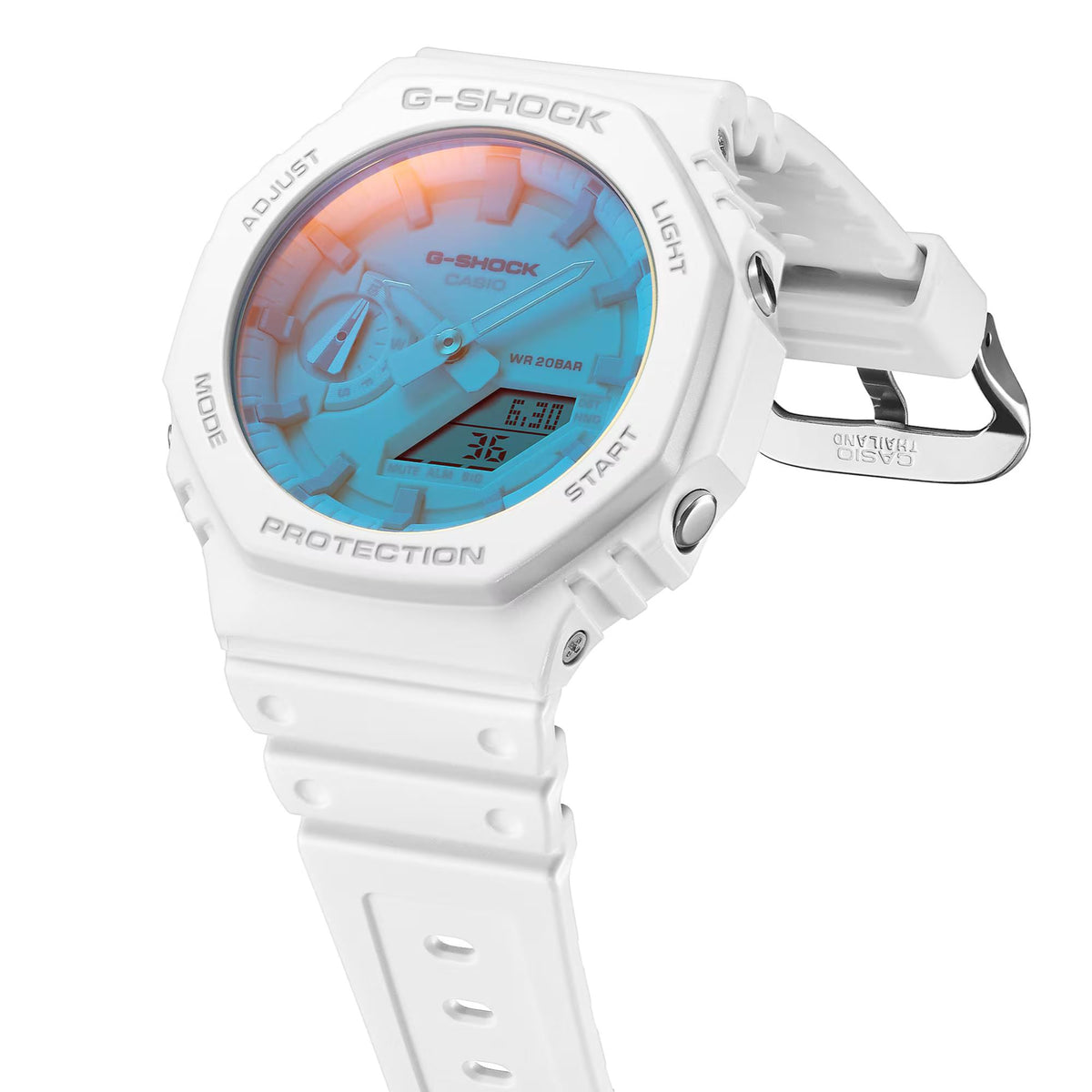 Men's Casio G-Shock digital watch, white resin strap, case with side buttons
