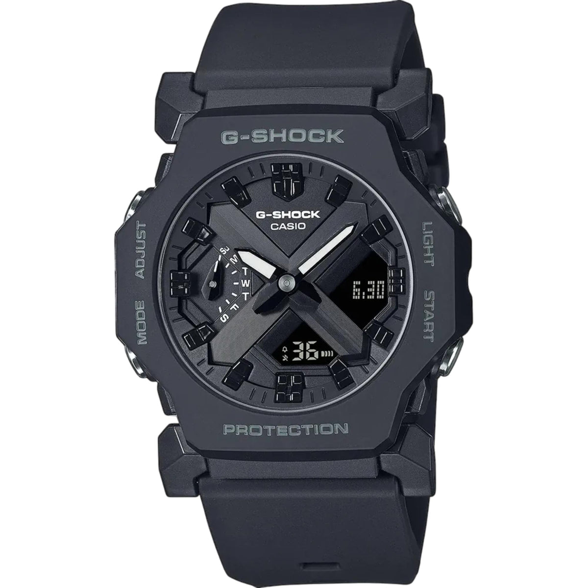 Casio G-Shock Core GA-2300-1AER front view detailing the black dial, analog hands, and integrated digital displays
