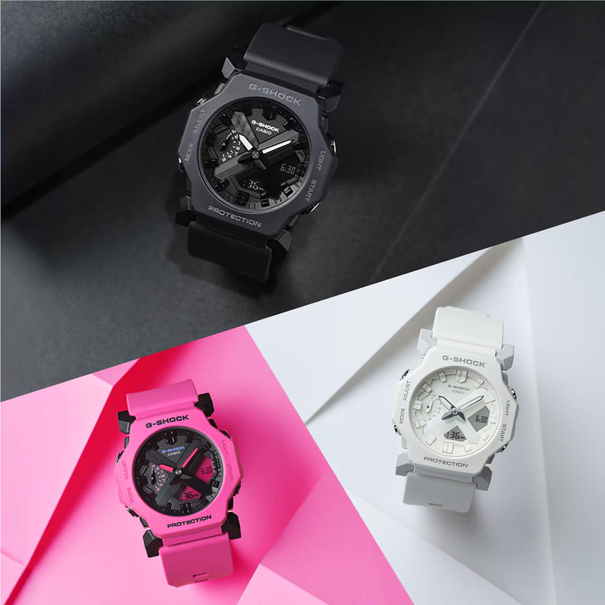 Casio G-Shock Core GA-2300-1AER brand collection layout showing the black model resting on a dark surface alongside vibrant pink and white variants