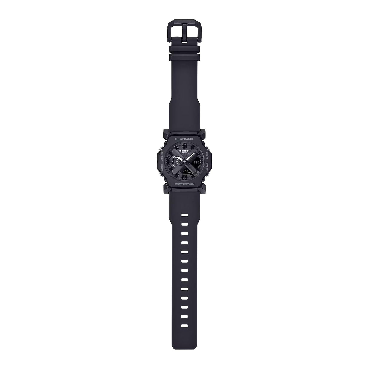 Casio G-Shock Core GA-2300-1AER highlighting the extended matte black resin strap and buckle closure