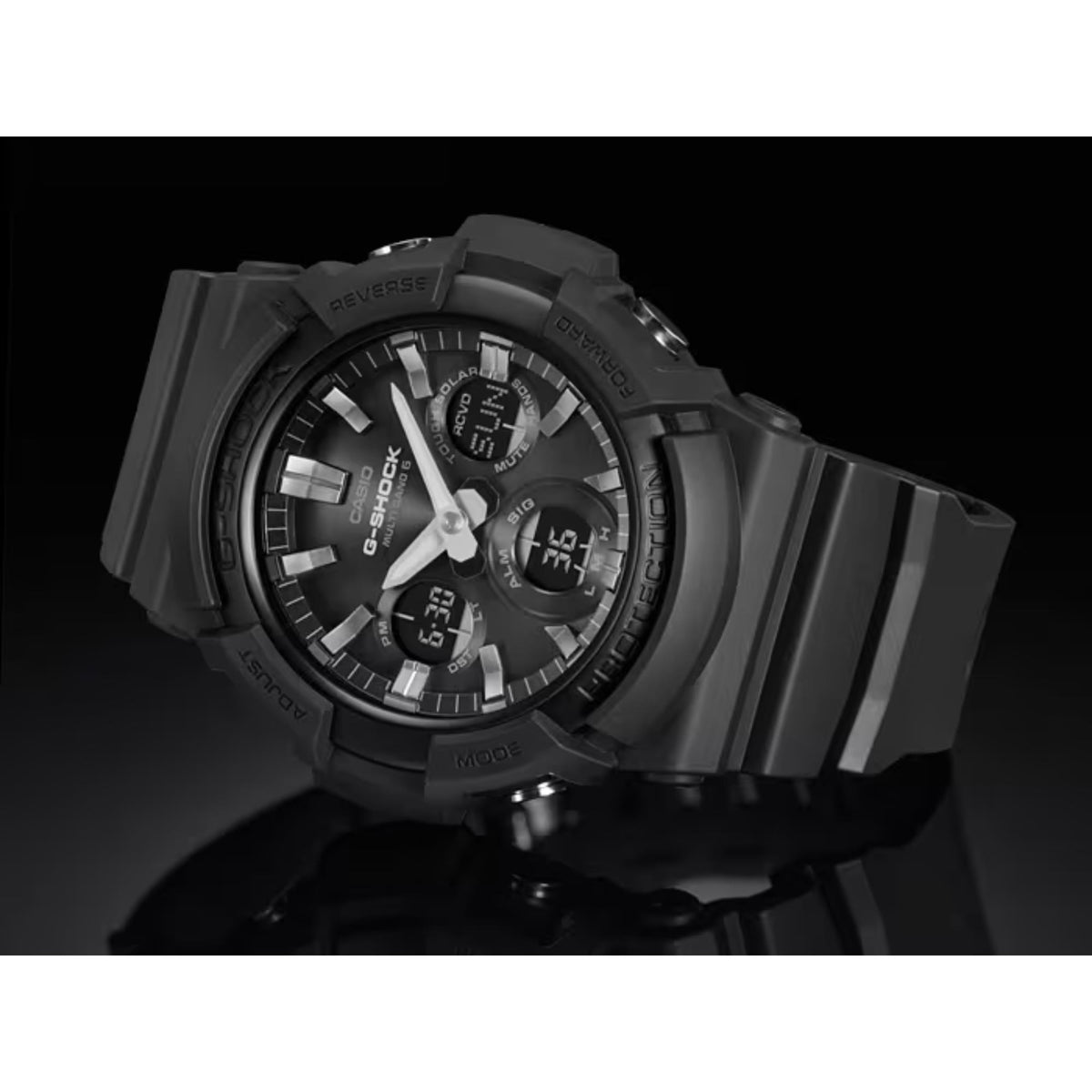 Black G-Shock watch with round bezel, analog-digital dial, and dark resin band