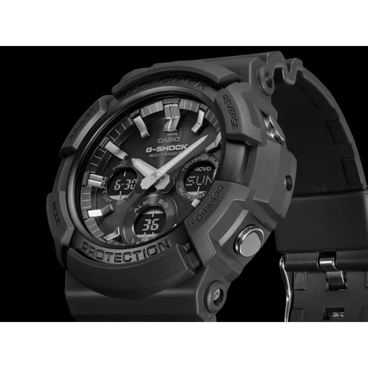 Black G-Shock watch case with protection bezel and side buttons on resin strap