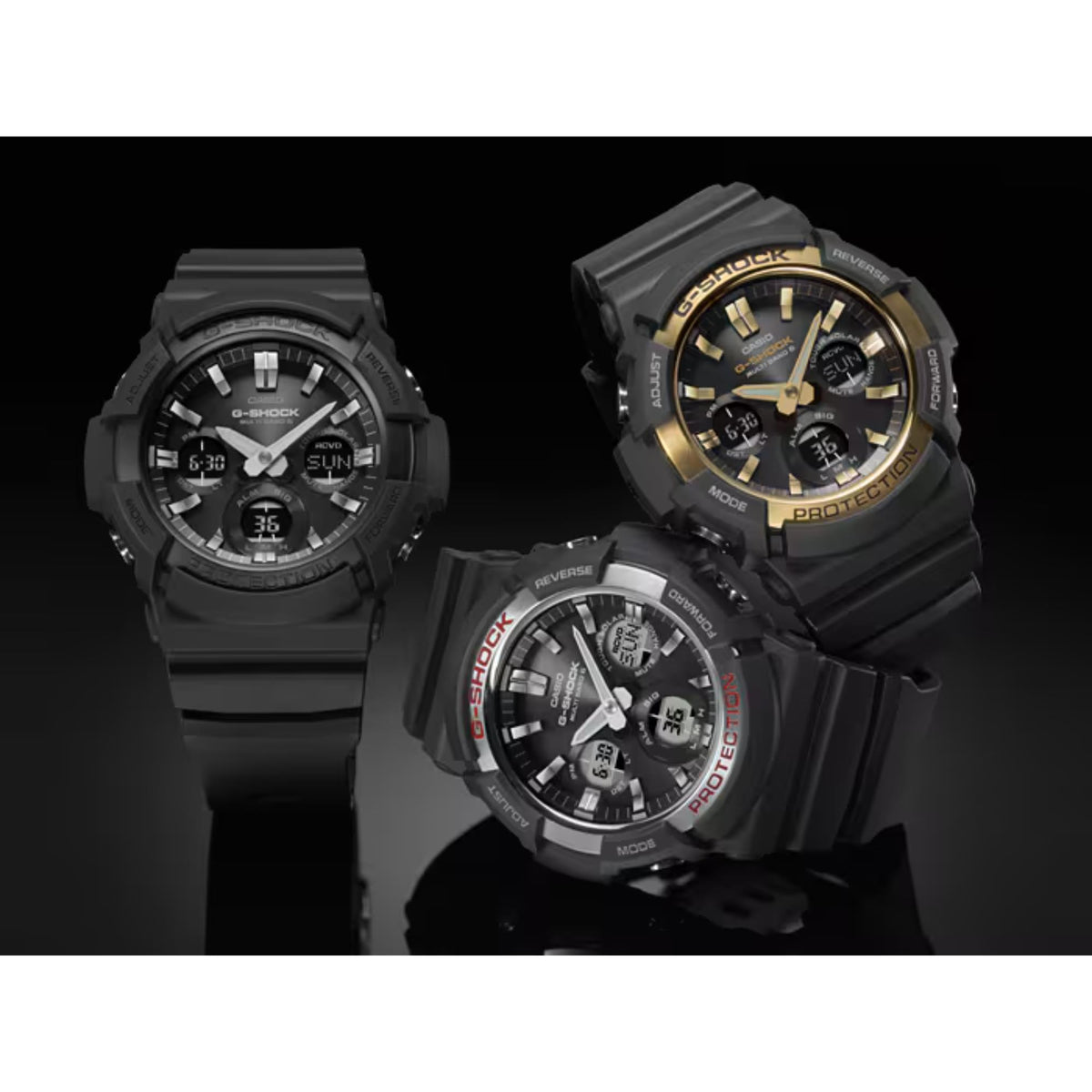 Three G-Shock watches with black resin bands and analog-digital dials