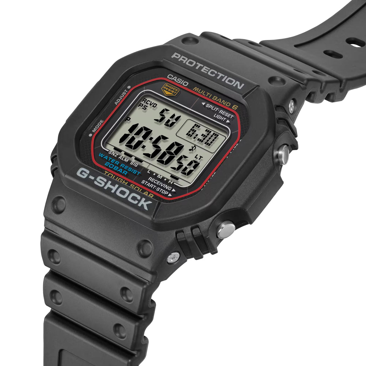 Black Casio G-Shock digital watch showing multi-function LCD with red accent ring