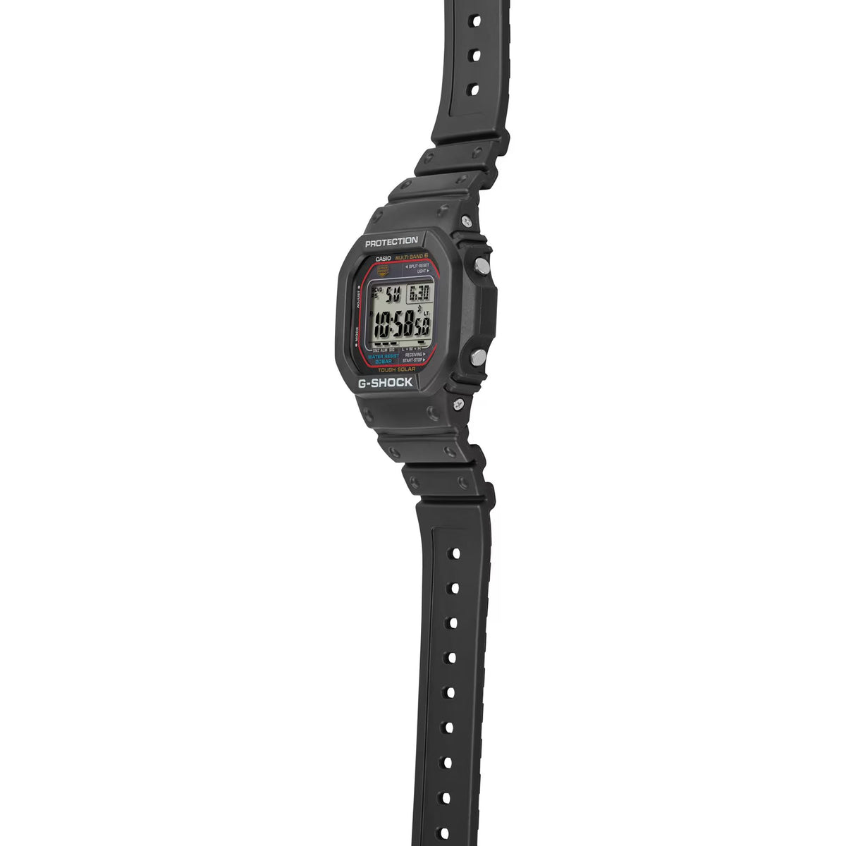 Black G-Shock digital watch on extended rubber strap with rectangular case