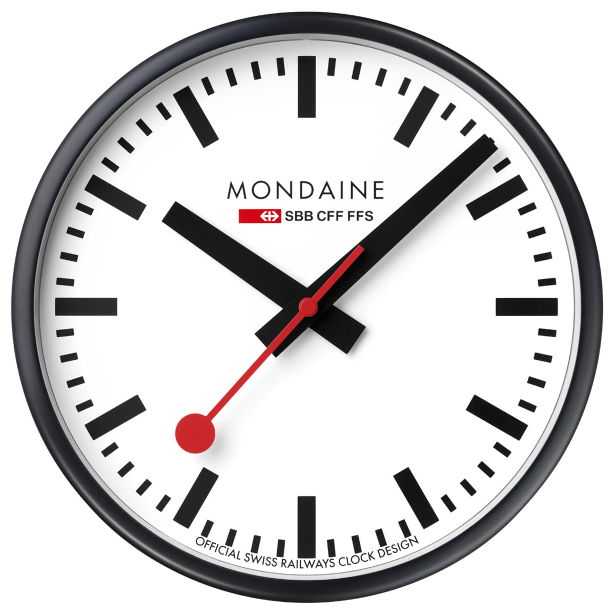 Front view of Mondaine Official Swiss Railways wall clock A990.CLOCK.12SBB with black aluminum frame, white dial, black hands, and iconic red second hand