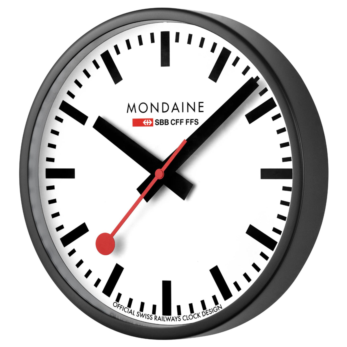 Angled view of Mondaine black frame clock A990.CLOCK.12SBB