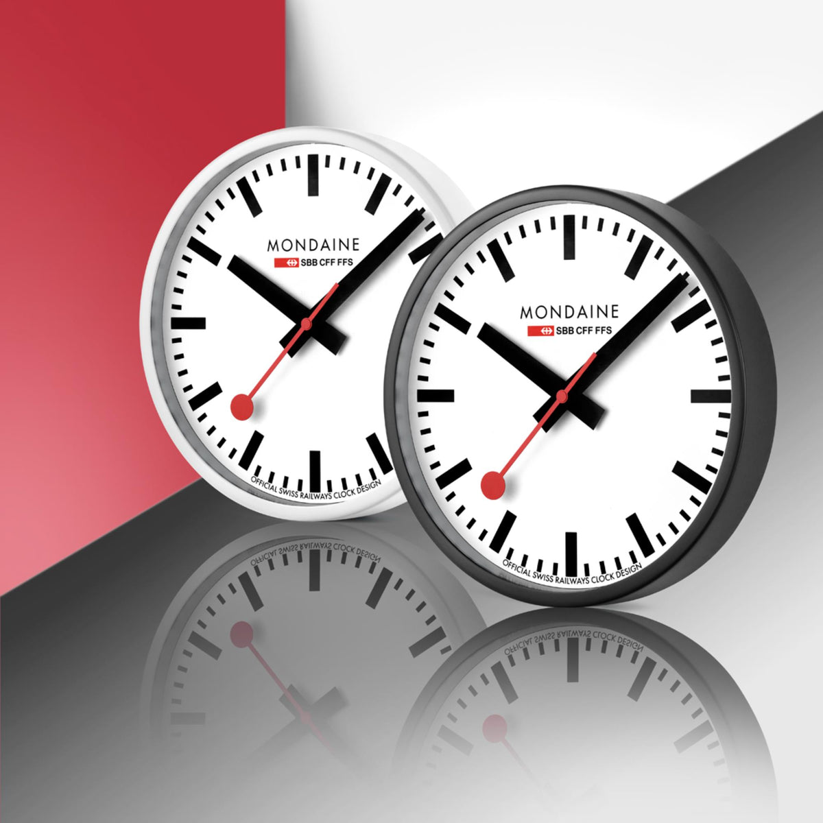 Mondaine Swiss Railways classic 25cm wall clocks in white and black frame finishes