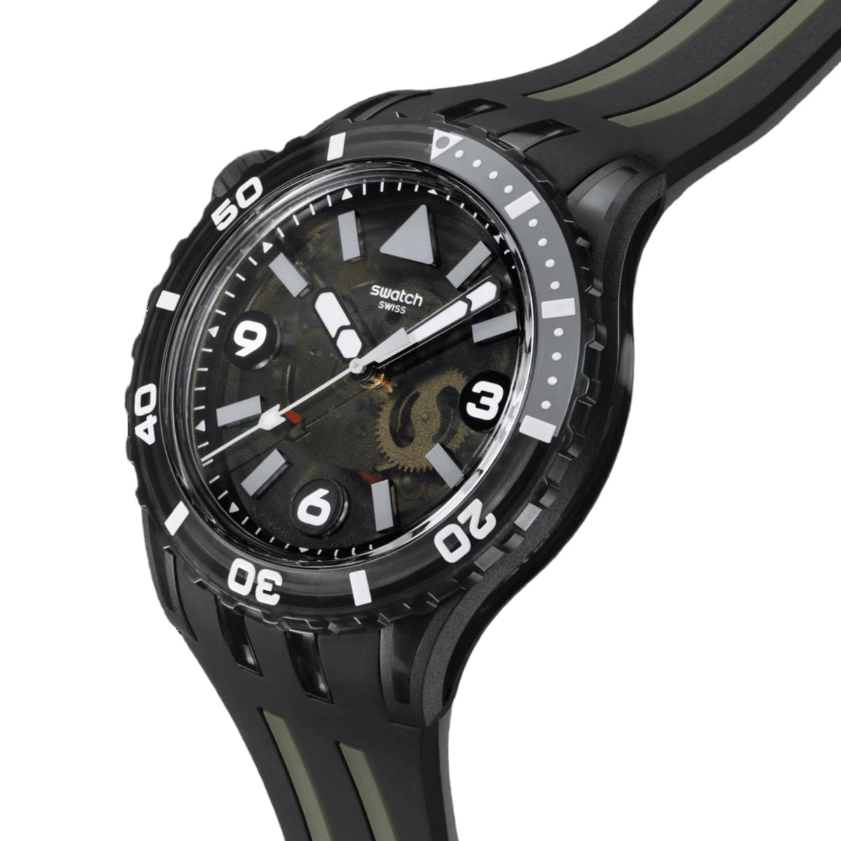 Swatch scubaqua black dial sports watch with detailed bezel and black silicone strap