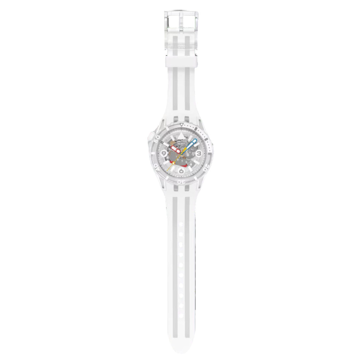 White Swatch watch with tall white silicone strap and round skeleton dial