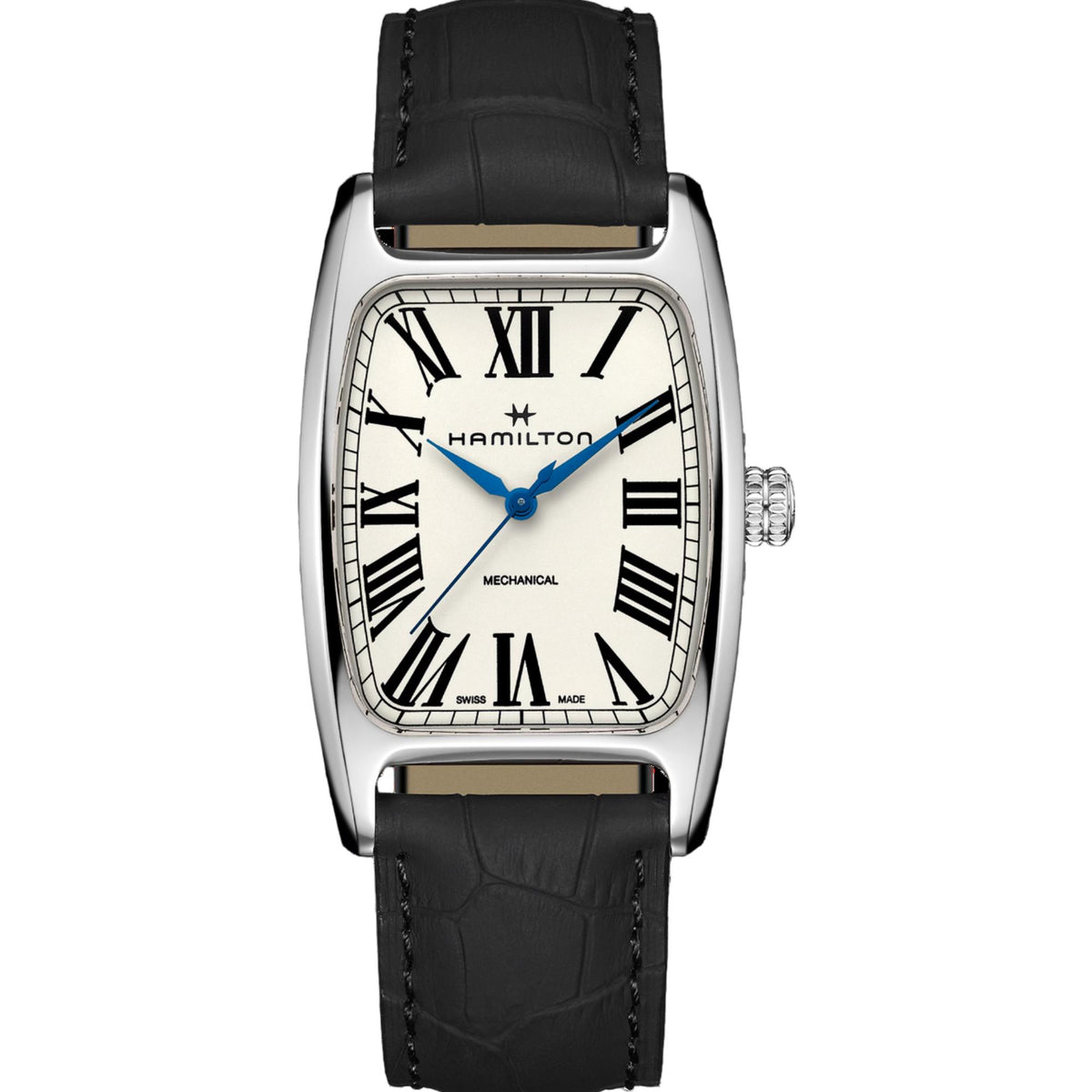 Hamilton American Classic H13519711 34mm mechanical watch front view displaying white dial, blue hands, and black leather strap