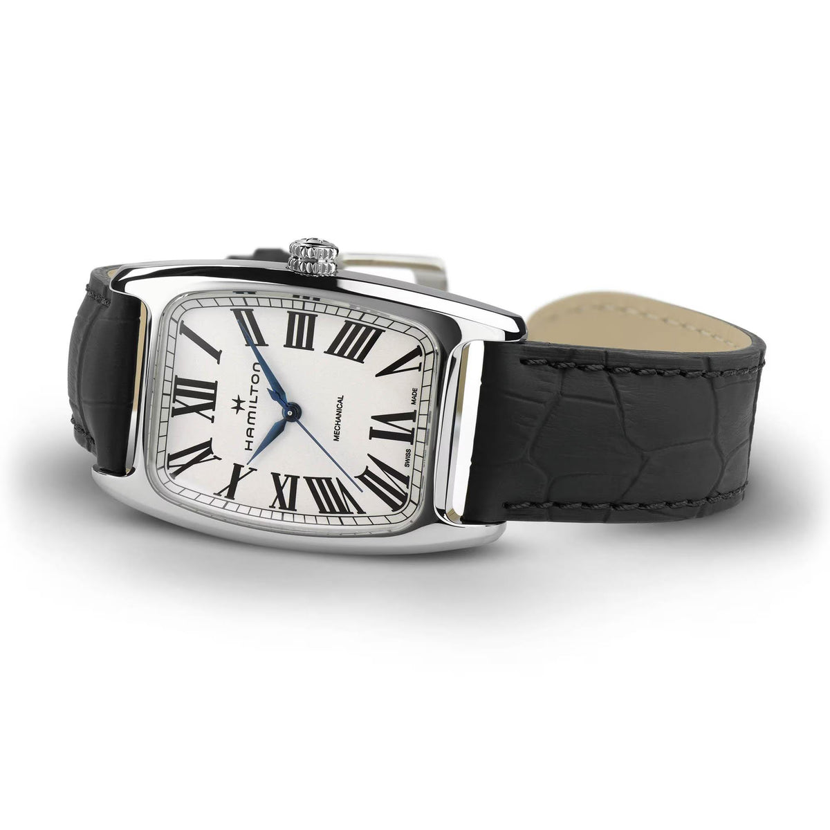 Hamilton American Classic H13519711 vintage style timepiece side perspective showing stainless steel case and black leather band