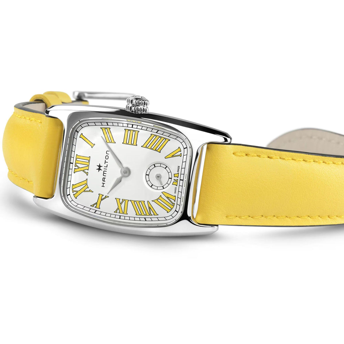 Rectangular tank-style quartz watch with yellow leather strap and white Roman numeral dial