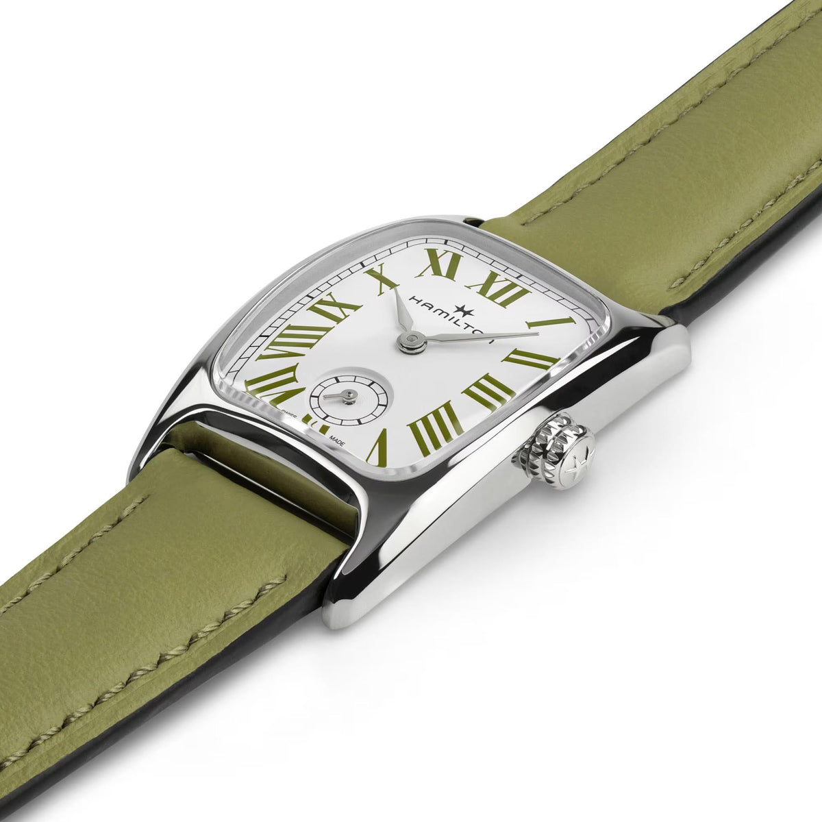 Women’s quartz wristwatch with white dial and olive green leather strap, side crown detail