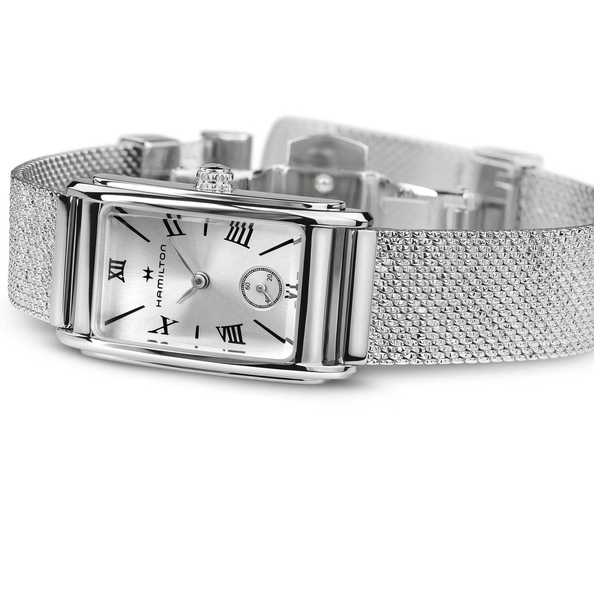 Hamilton ladies quartz watch in silver with mesh bracelet and rectangular dial