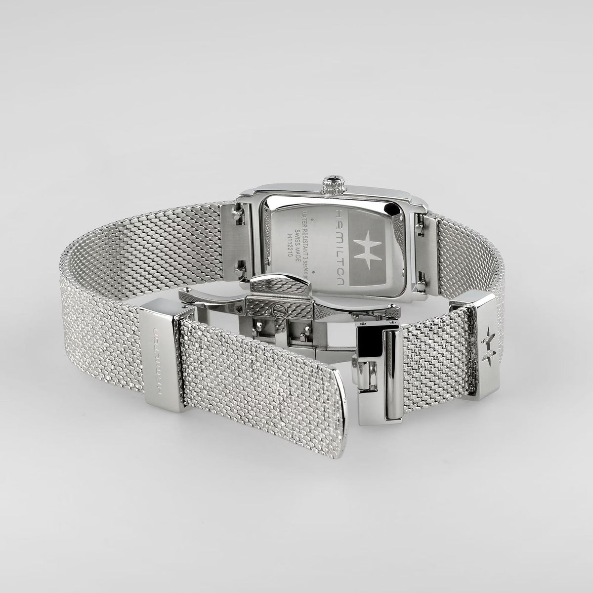 Hamilton ladies quartz watch underside view with silver mesh bracelet and case