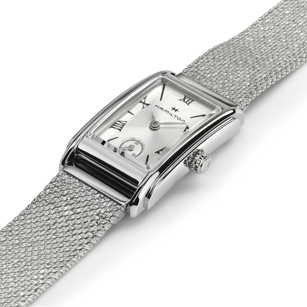 Hamilton ladies quartz watch angled view with silver mesh band and rectangular dial