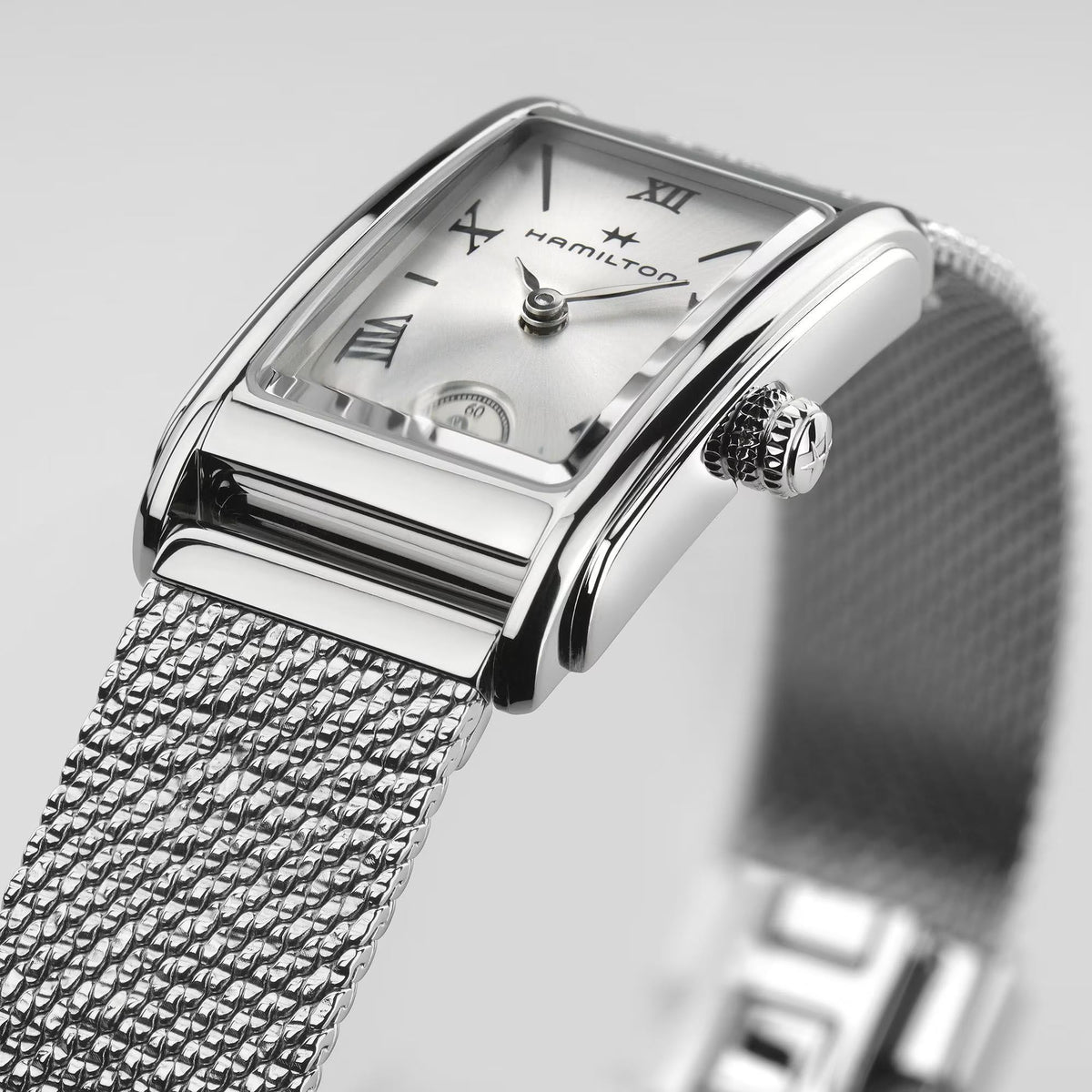 Hamilton ladies quartz watch close-up of silver case and mesh bracelet