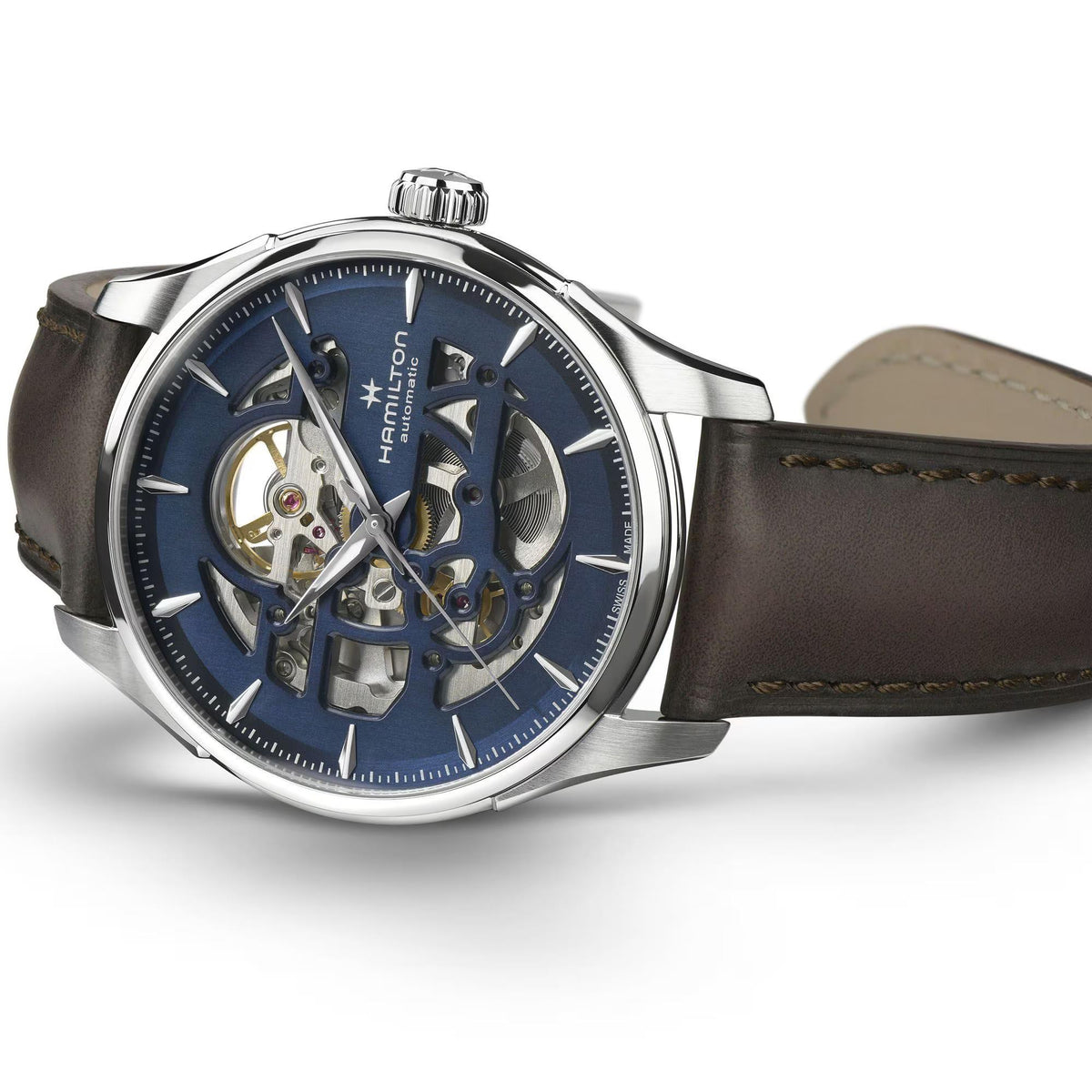 Hamilton Jazzmaster H42535541 40mm blue dial and brown leather strap detail