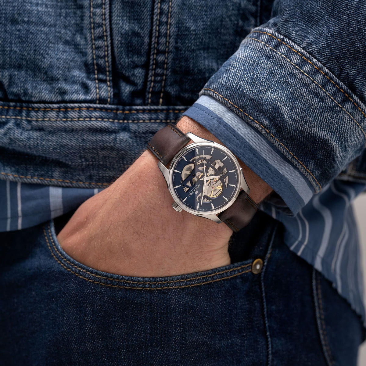 Hamilton Jazzmaster Skeleton Blue Dial Leather watch worn on wrist H42535541