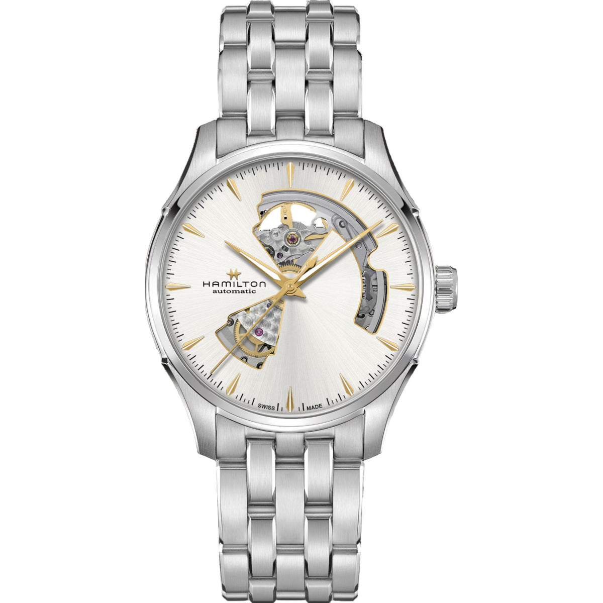 Hamilton Jazzmaster 40mm Open Heart silver dial steel bracelet automatic watch H32675151 front view 