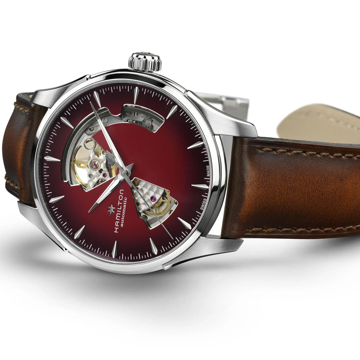 Hamilton Jazzmaster 40mm Open Heart burgundy dial brown leather automatic watch H32675570 