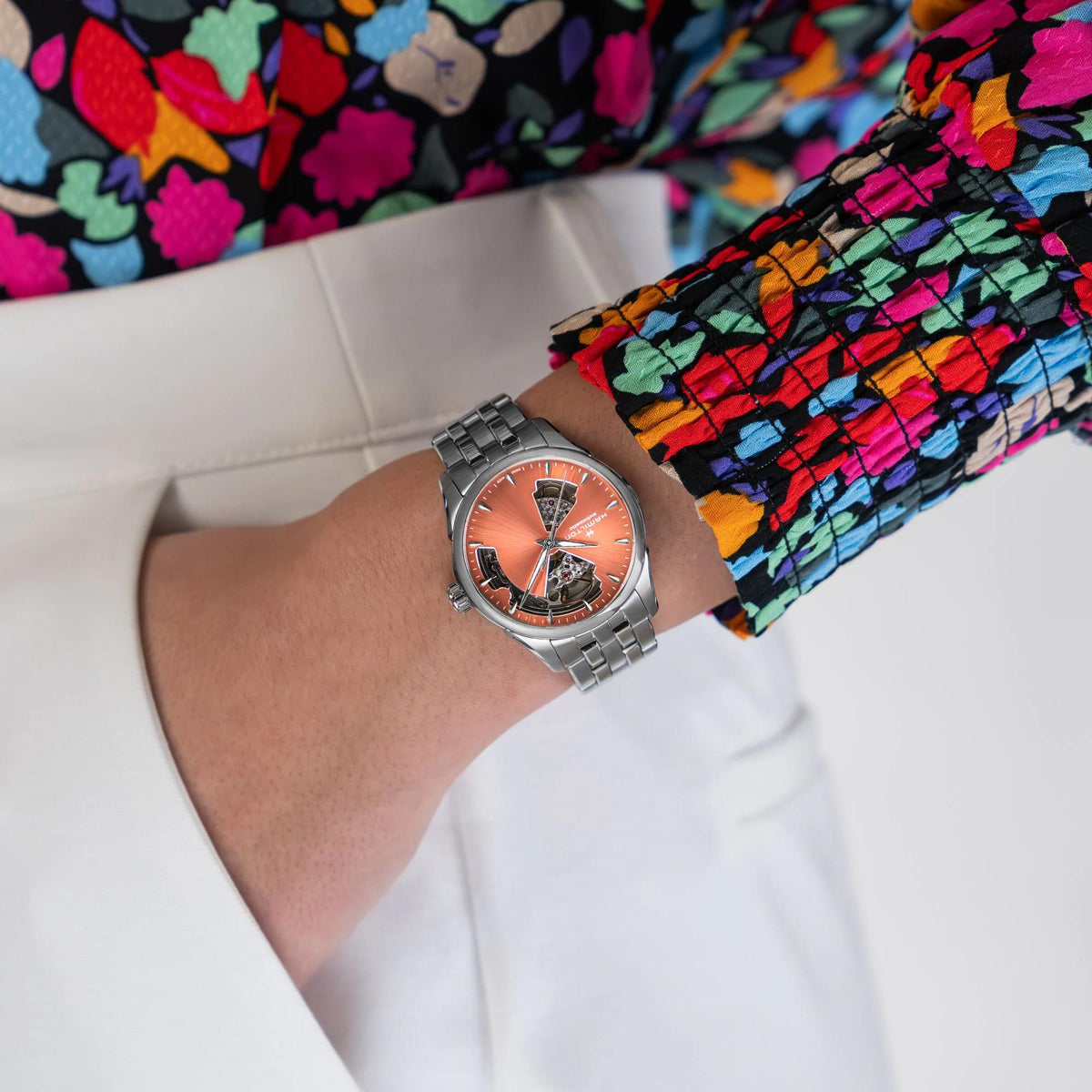 Apricot dial open-heart ladies automatic watch with stainless steel bracelet