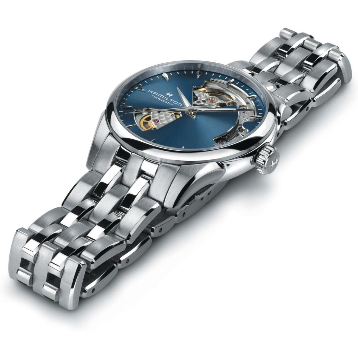 Angled view open-heart automatic watch with blue dial on stainless steel bracelet