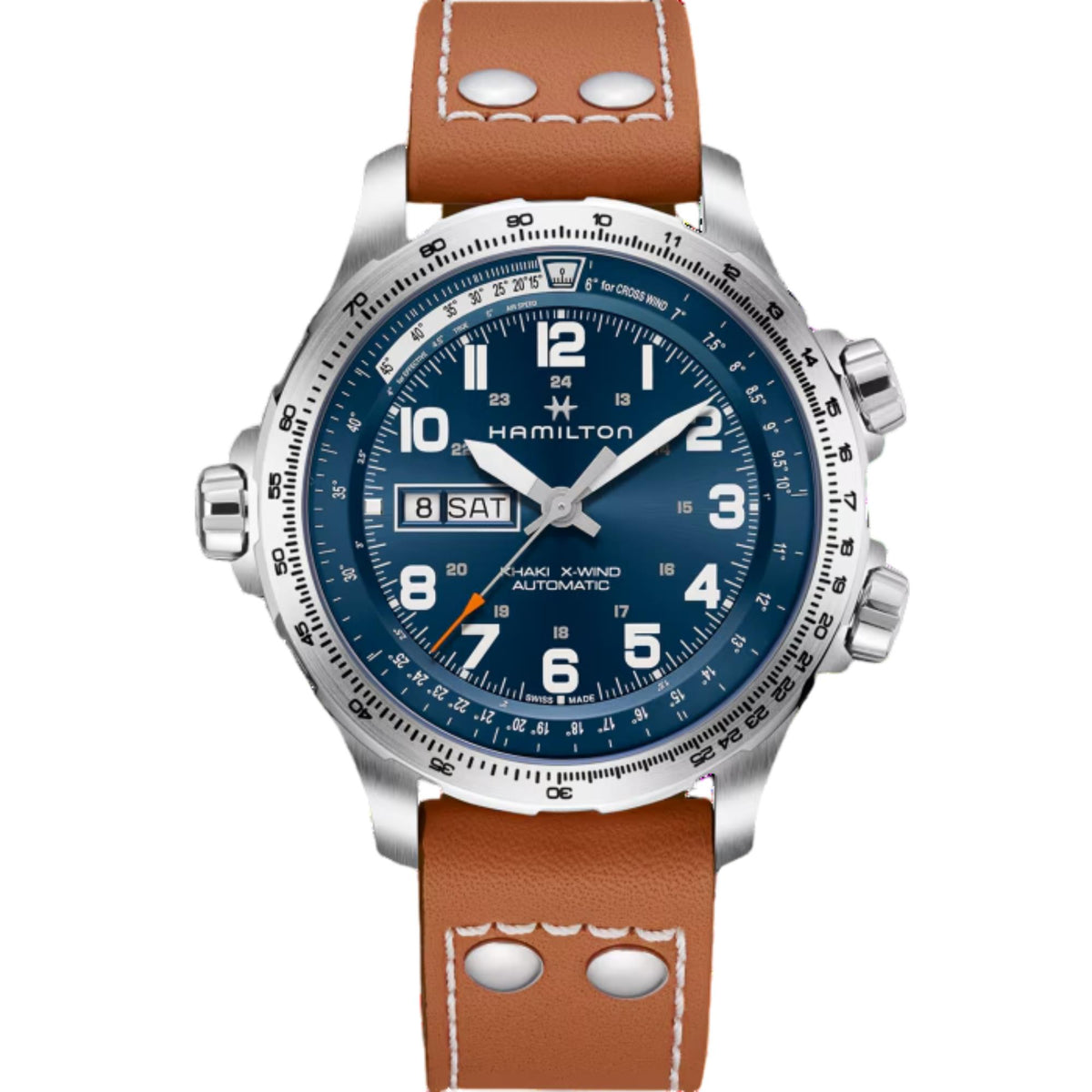 Hamilton automatic pilot watch with blue dial, brown leather strap, stainless steel case