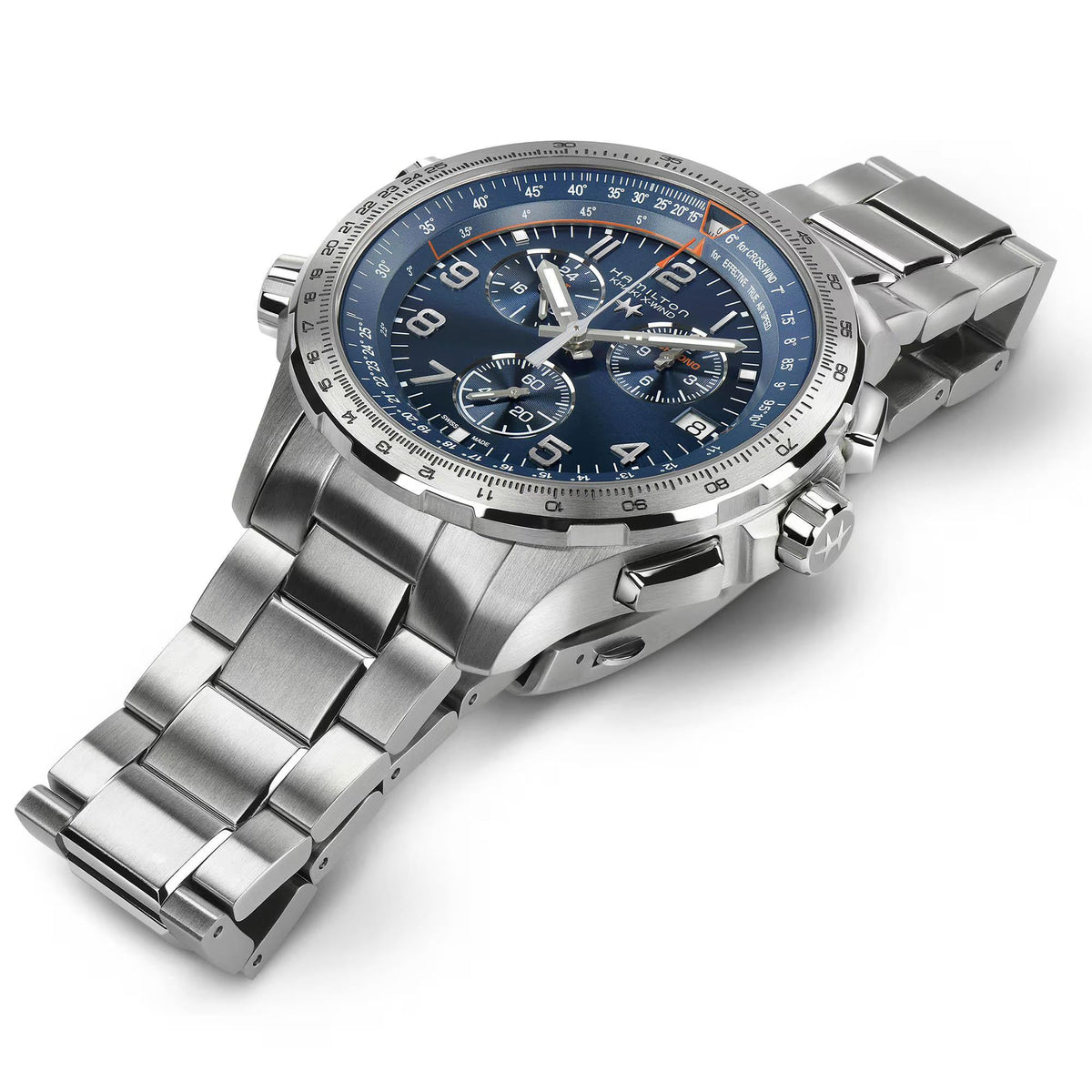 Hamilton H77922141 blue dial with three sub-dials, tachymeter scale and date window close-up