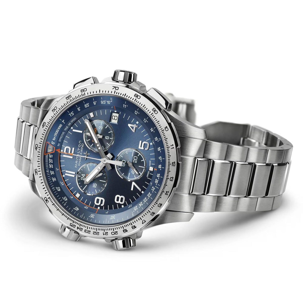 Hamilton Khaki Aviation X-Wind chronograph watch with a blue dial and stainless steel bracelet.