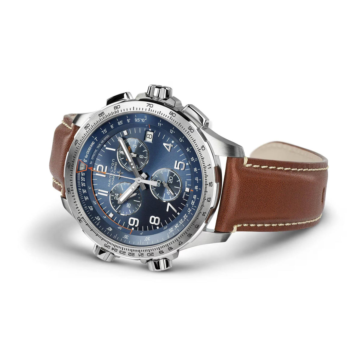 Aviation chronograph watch with blue dial and steel case, brown leather strap, 3/4 view
