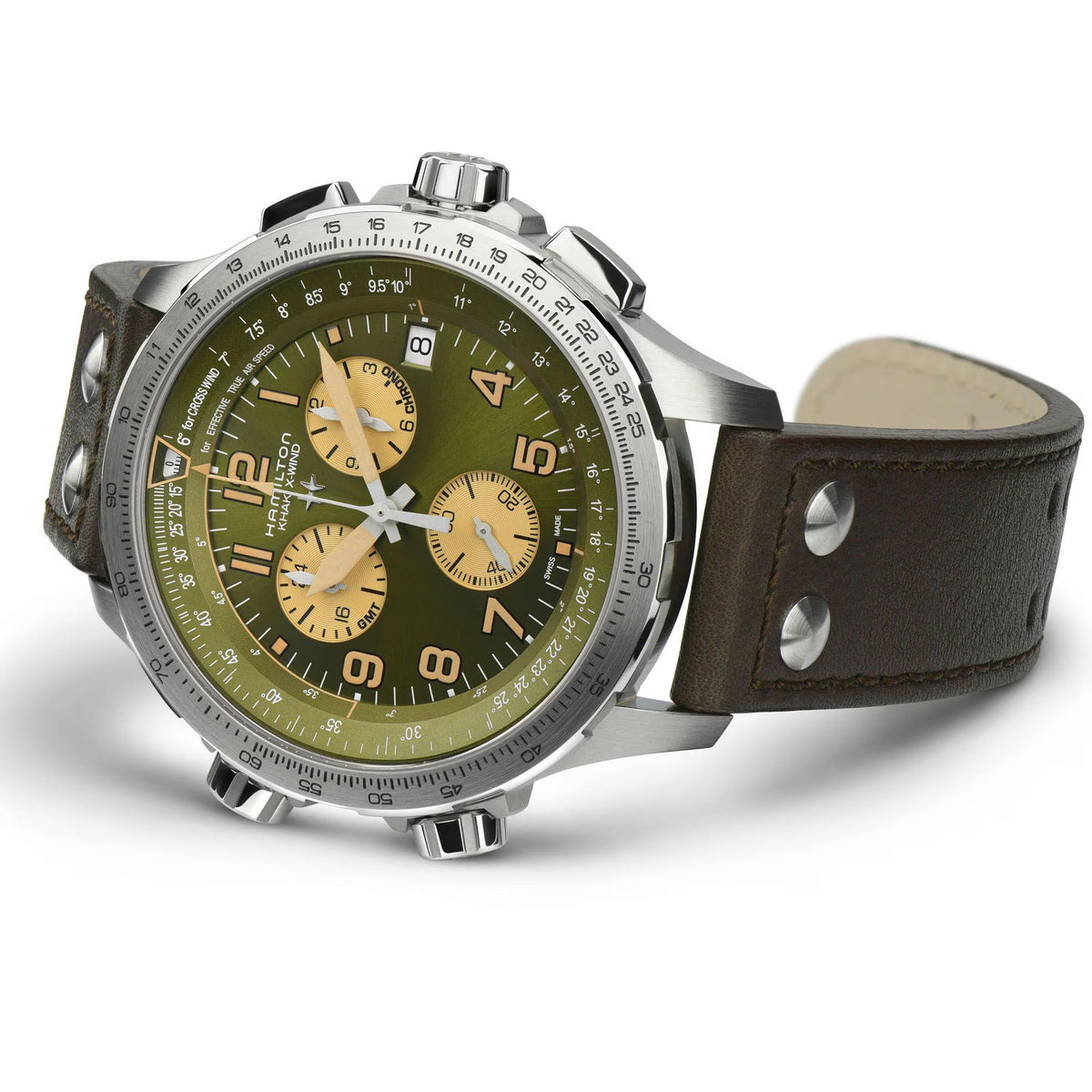 Men's chronograph watch with green dial, gold subdials, and brown leather strap, side view