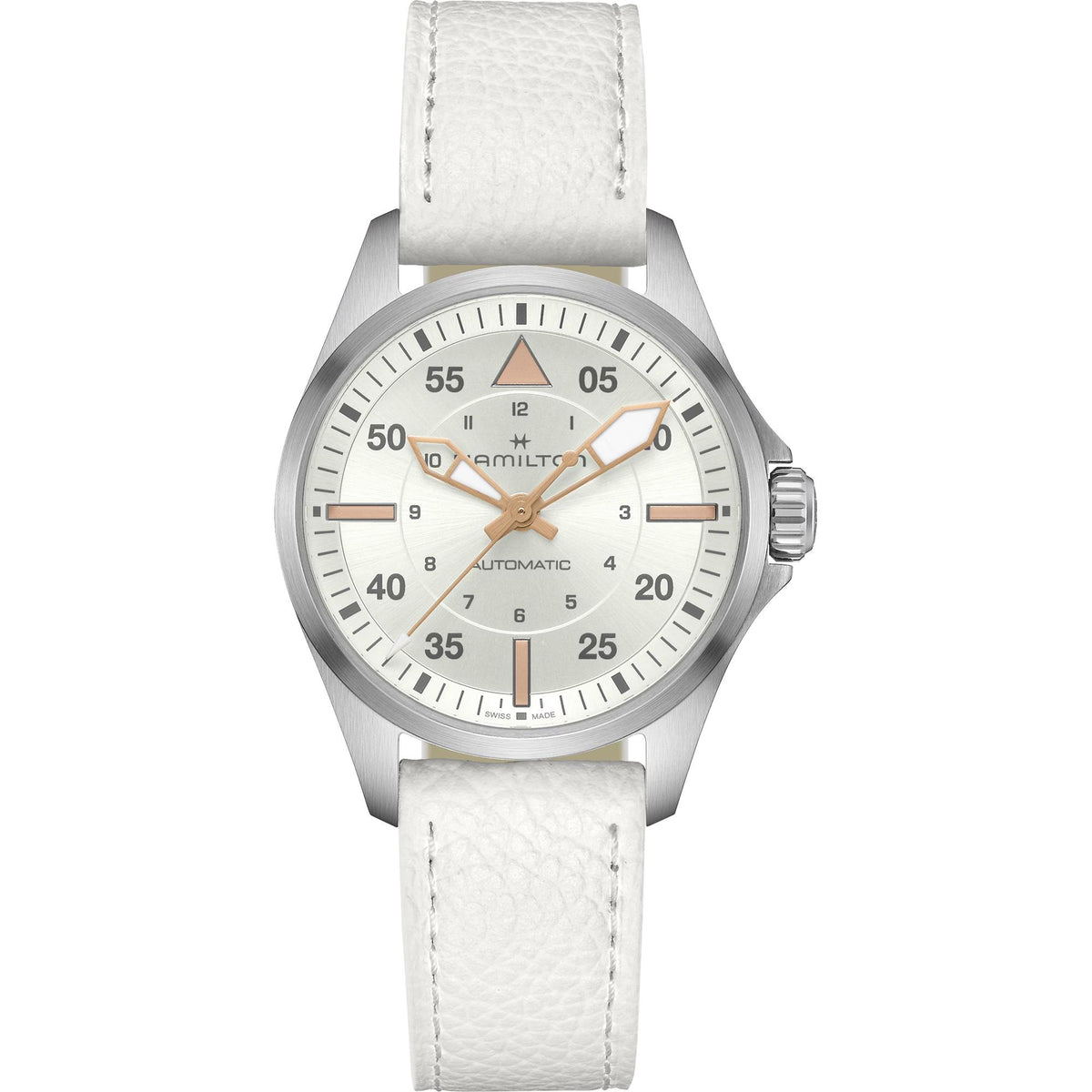 Silver automatic pilot watch with white leather strap and light gray dial, round case