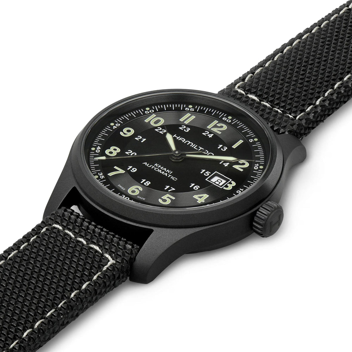 Hamilton Khaki Field H70575733 42mm black dial and rubber strap side view