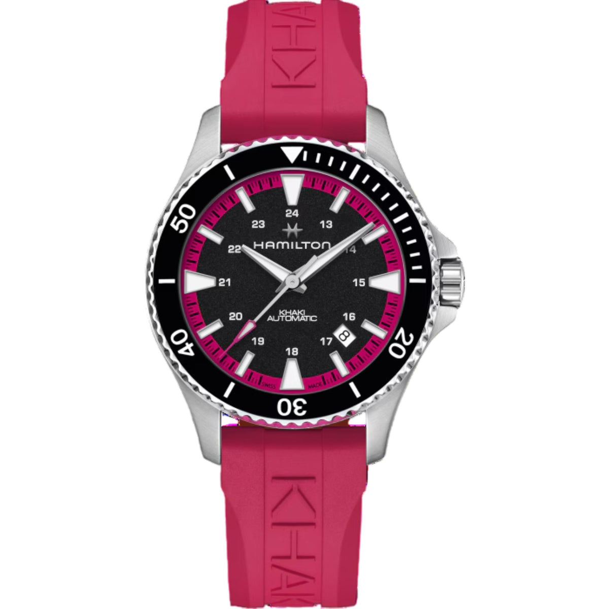 Ladies automatic watch with black dial, pink bezel, and pink rubber strap